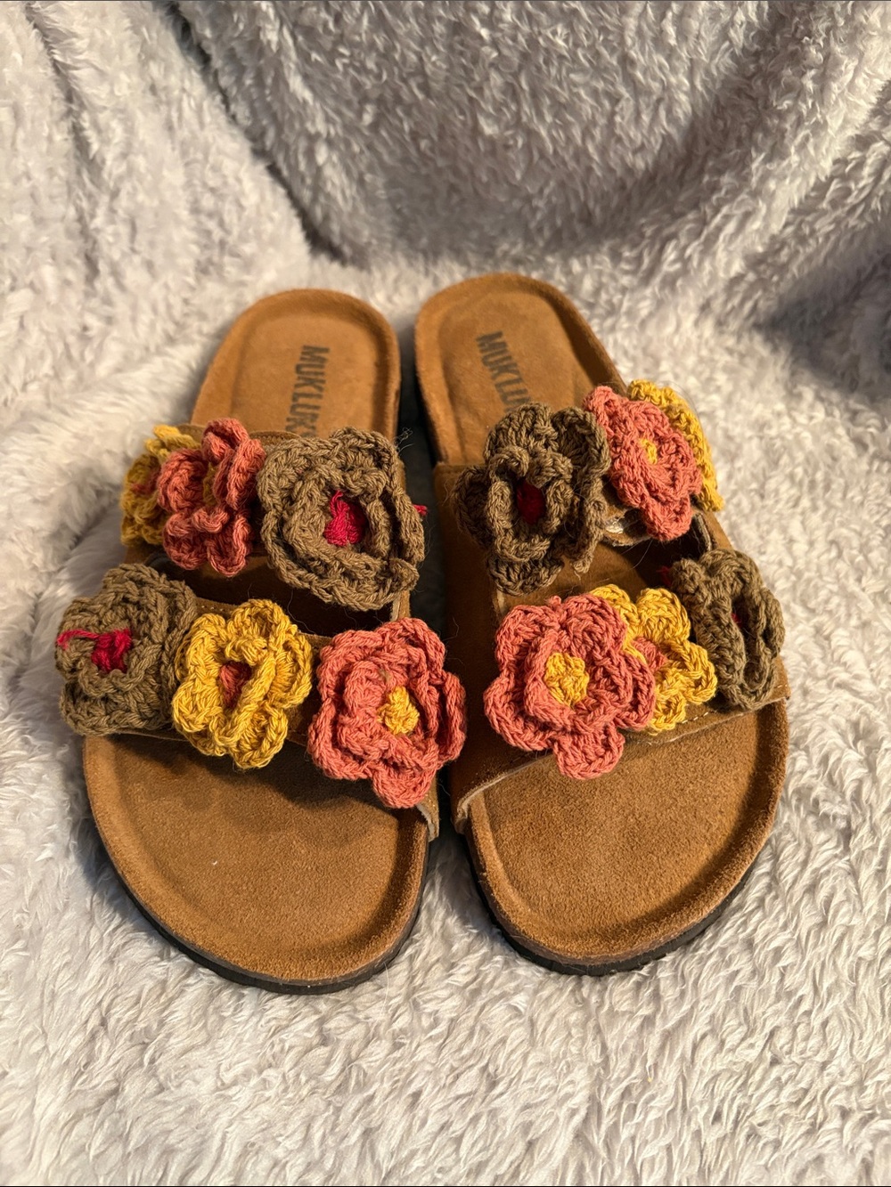 Muk Luks Brown Slide Sandals with Pink & Yellow Crochet Flowers